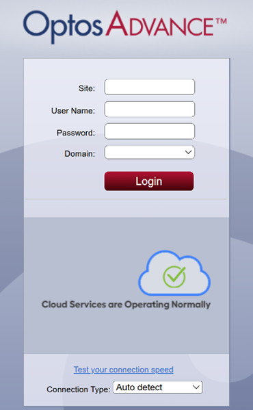 OptosCloud First Time Log In Login Page
